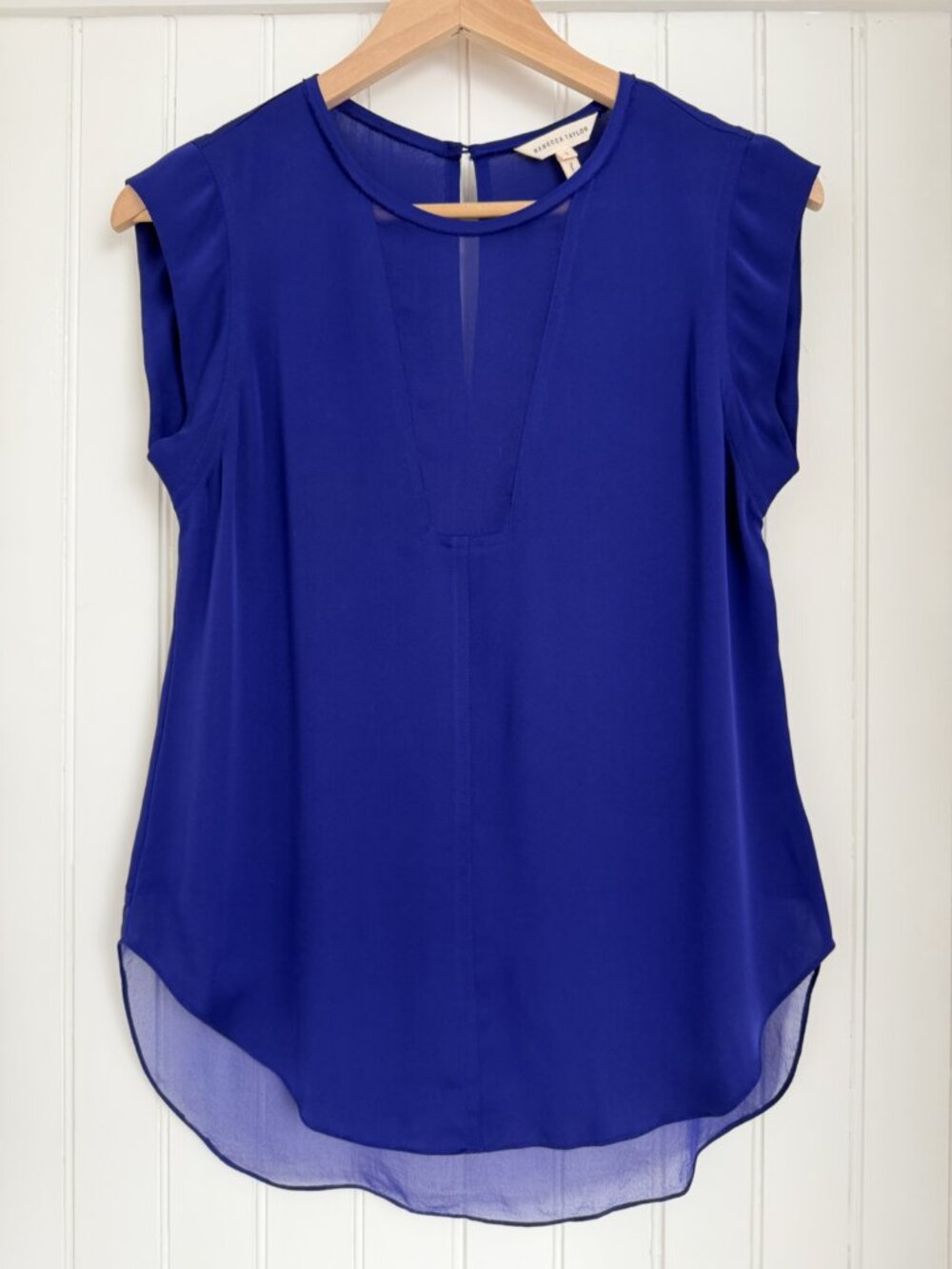 Rebecca Taylor Charlie Silk Top — Blue Violet Sheer Inset Keyhole Back, Sz 2